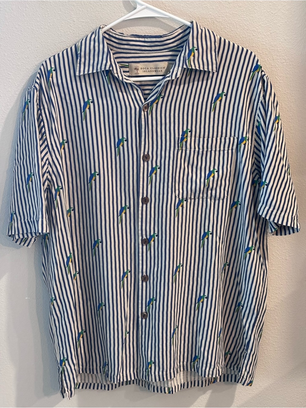 Men’s Boca Classic Island Wear-Striped Shirt, parrot print - Blue/White, Large